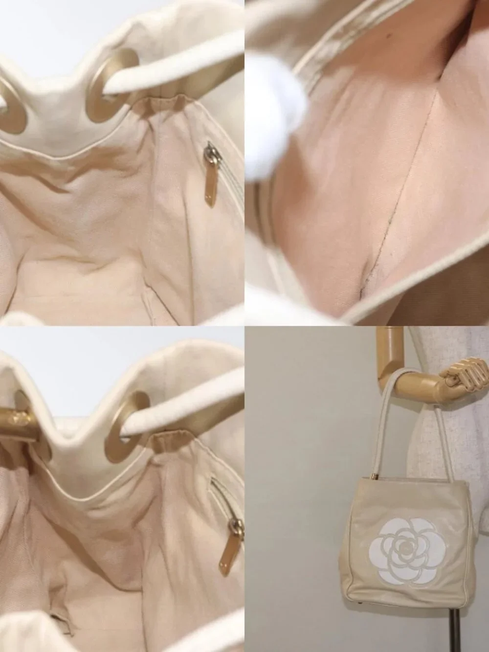 CHANEL Camelia Shoulder Bag Leather Ivory CC Auth 127482